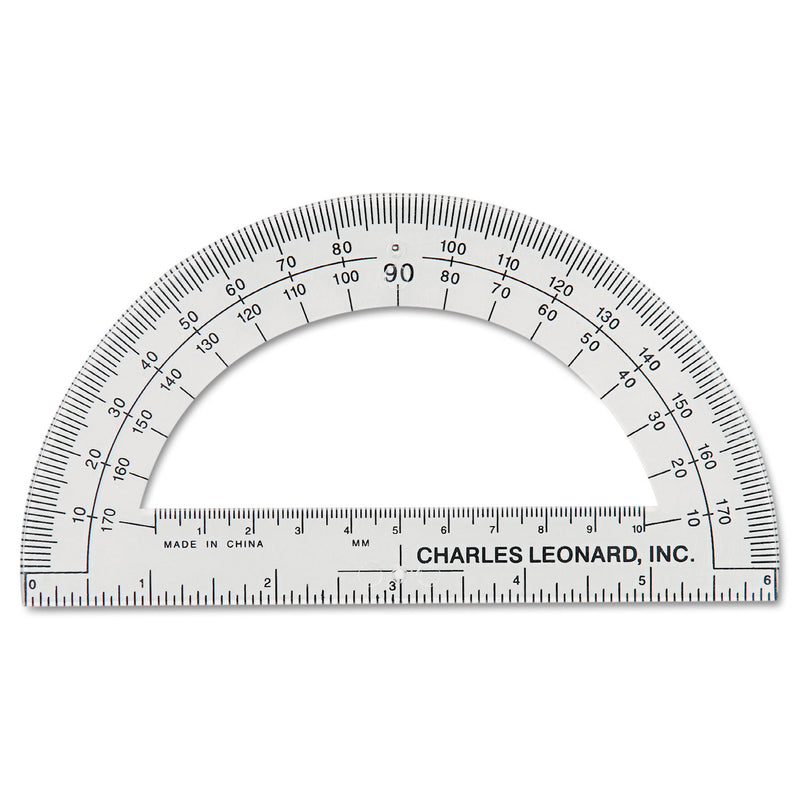 Charles Leonard Open Center Protractor, Plastic, 6" Ruler Edge, Clear, Dozen
