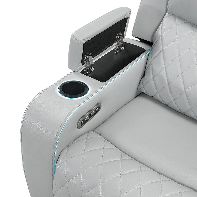 Elonzo - Power Motion Loveseat With Console, LED, Power Headrest & Speaker - Light Gray