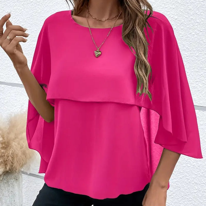 Women's Summer Chiffon Blouses Casual Scoop Neck Cape Sleeve Tunic Tops Shirts
