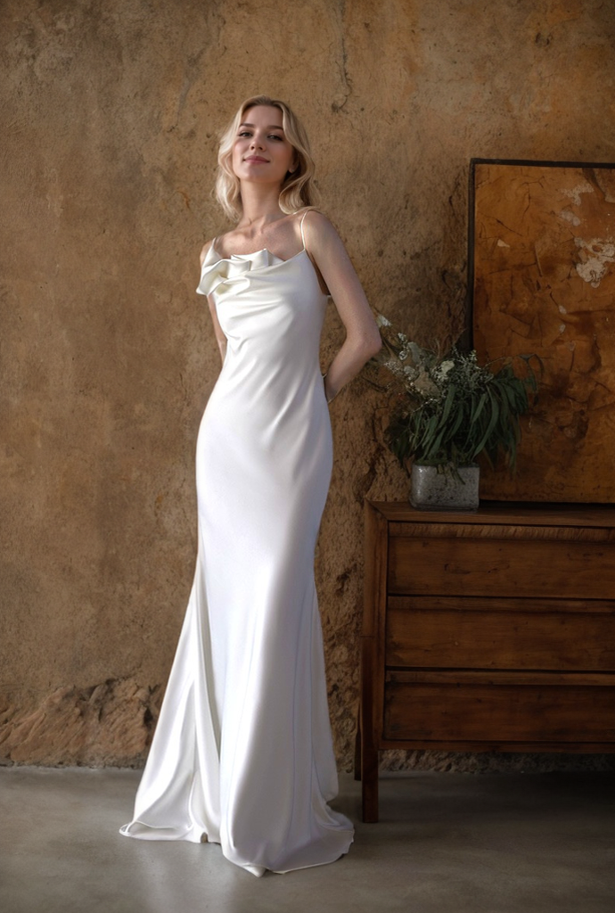 Romantic Draped Cowl Neck Satin Wedding Dress with Low Back and Train