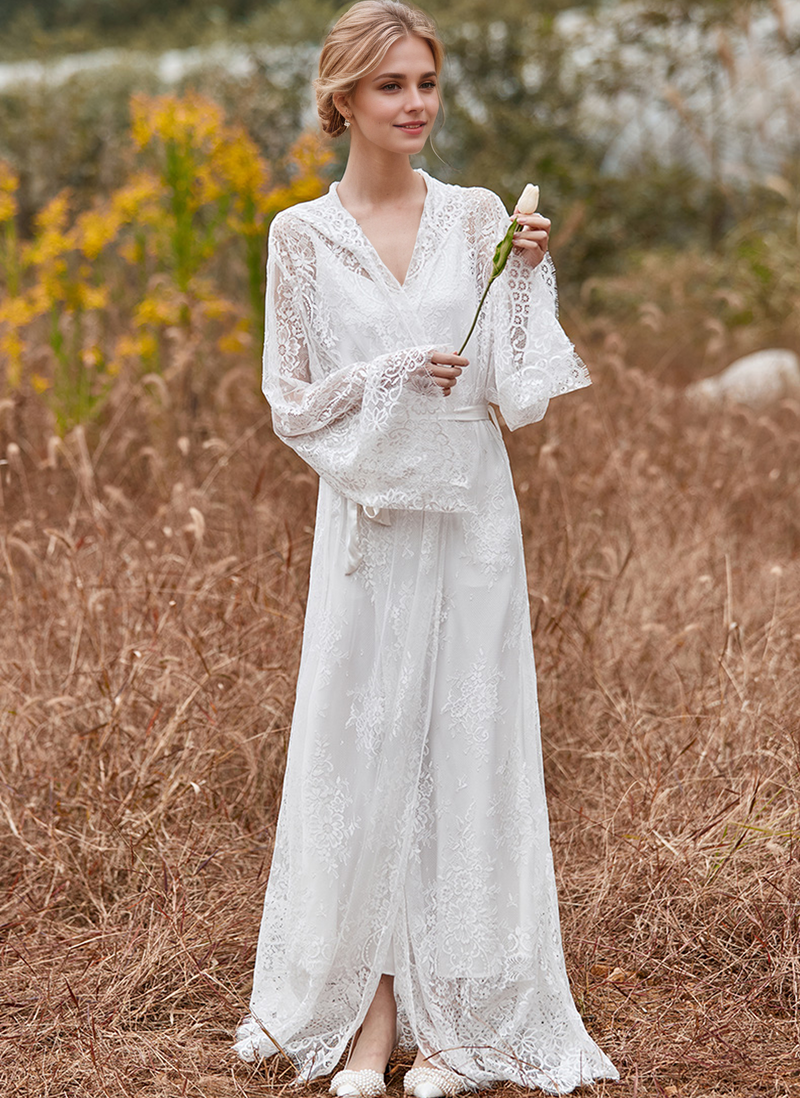 Romantic Floral Lace Hooded Bridal Robe Set – Long Sheer Lace Cover-Up with Satin Slip