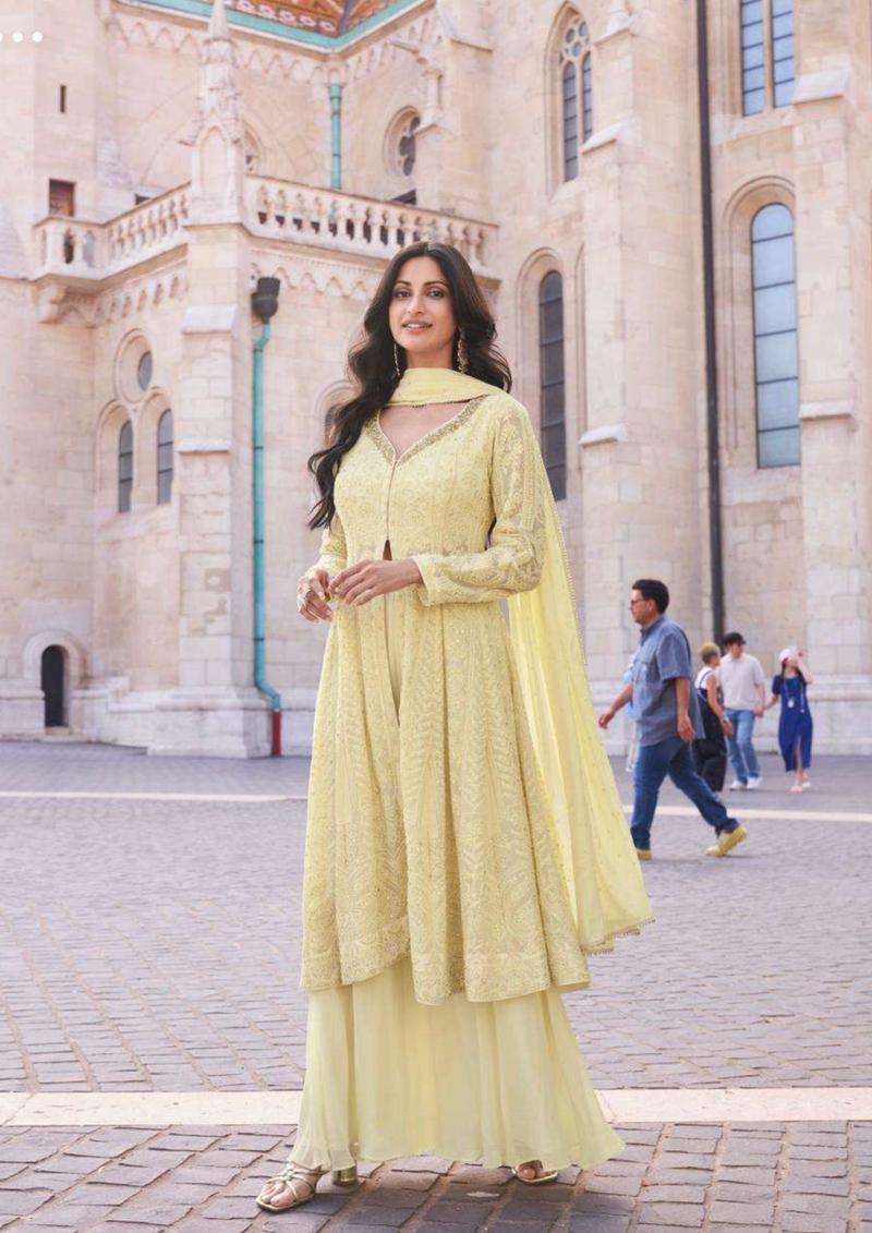 Embroidered Georgette Salwar Suit in Light Yellow