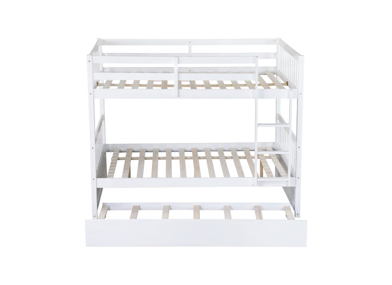 Full Over Full Rubber Wood Bunk Bed with Trundle, Ladder and Guardrails, Convertible to 2 Full Size Beds, with Twin Size Trundle,White