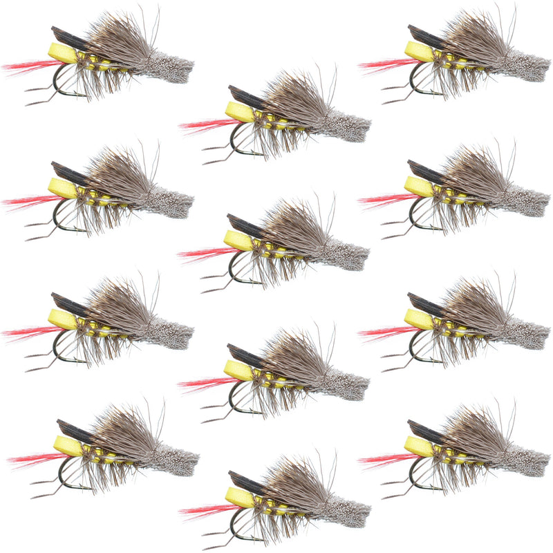 Daves Hopper Yellow Foam Body Grasshopper Fly - 1 Dozen Flies Hook Size 8