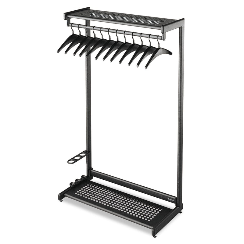 Quartet Single-Sided Rack with Two Shelves, 12 Hangers, Steel, 48w x 18.5d x 61.5h, Black