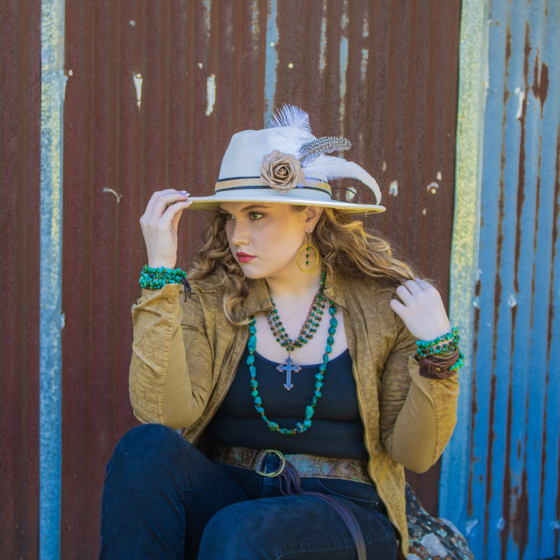 Leather Hat Band w/ Silk Flower & Feathers-Coffee (Band Only) 952y