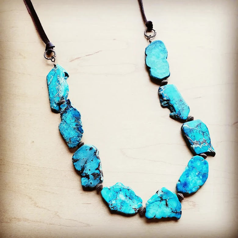 Turquoise Regalite Slab Necklace with Leather Ties 229h