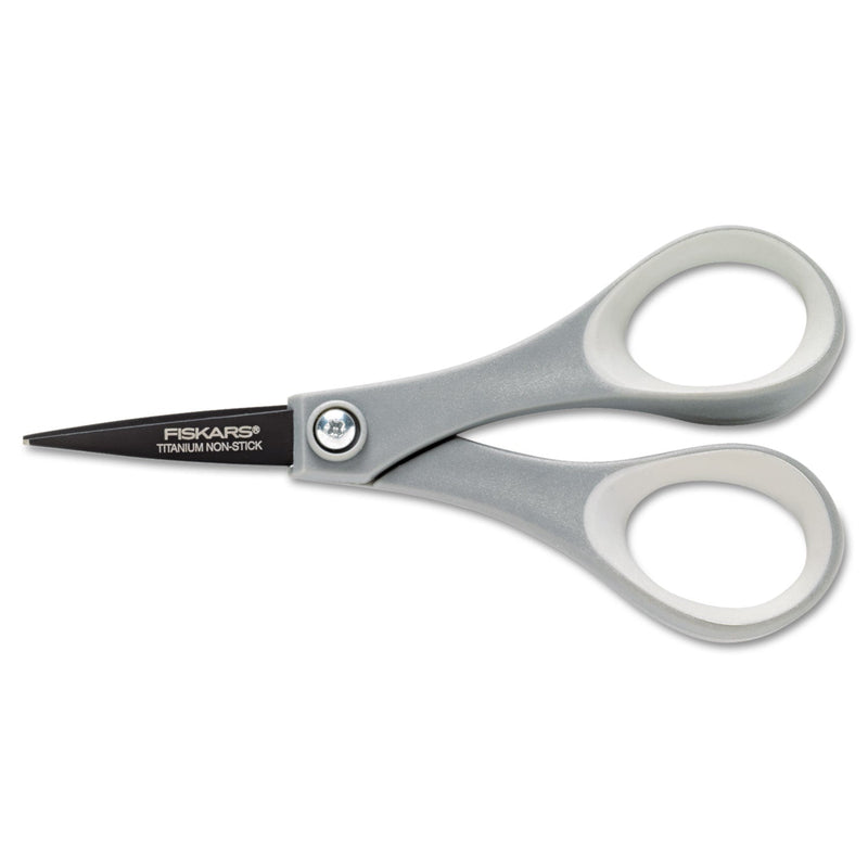 Fiskars Performance Non-Stick Titanium Softgrip Scissors, Pointed Tip, 5" Long, 1.6" Cut Length, Gray Straight Handle