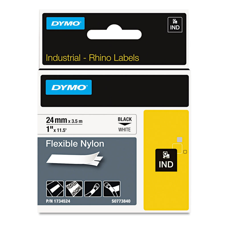 DYMO Rhino Flexible Nylon Industrial Label Tape, 1" x 11.5 ft, White/Black Print