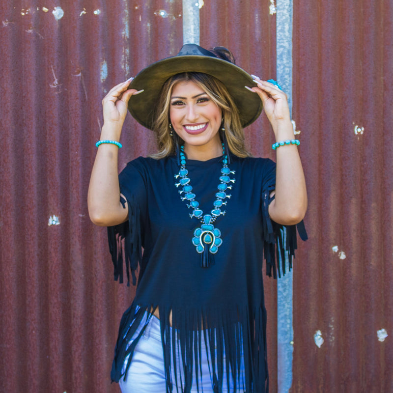 Turquoise Squash Blossom Necklace w/ Short Black Tassel 261y