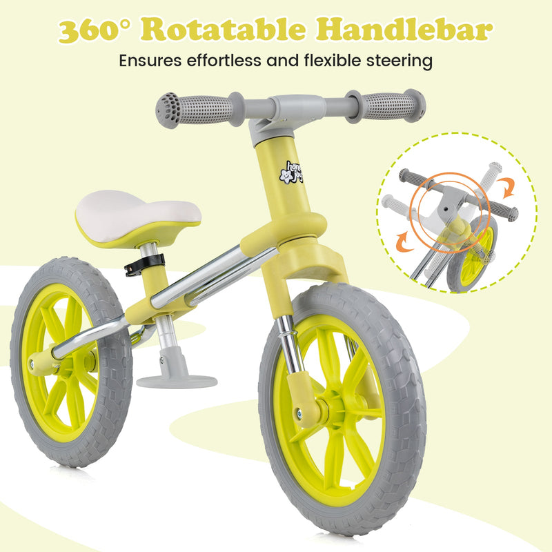 12 Inch Balance Bike with Adjustable Seat and Rotatable Handlebar-Green