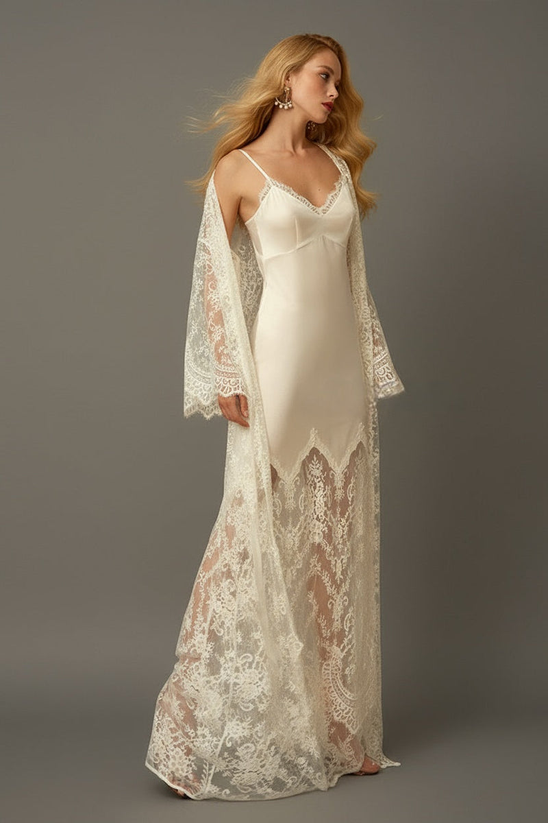 Chantilly Lace Long Robe with Silky Satin Lace Nightgown - next day shipping