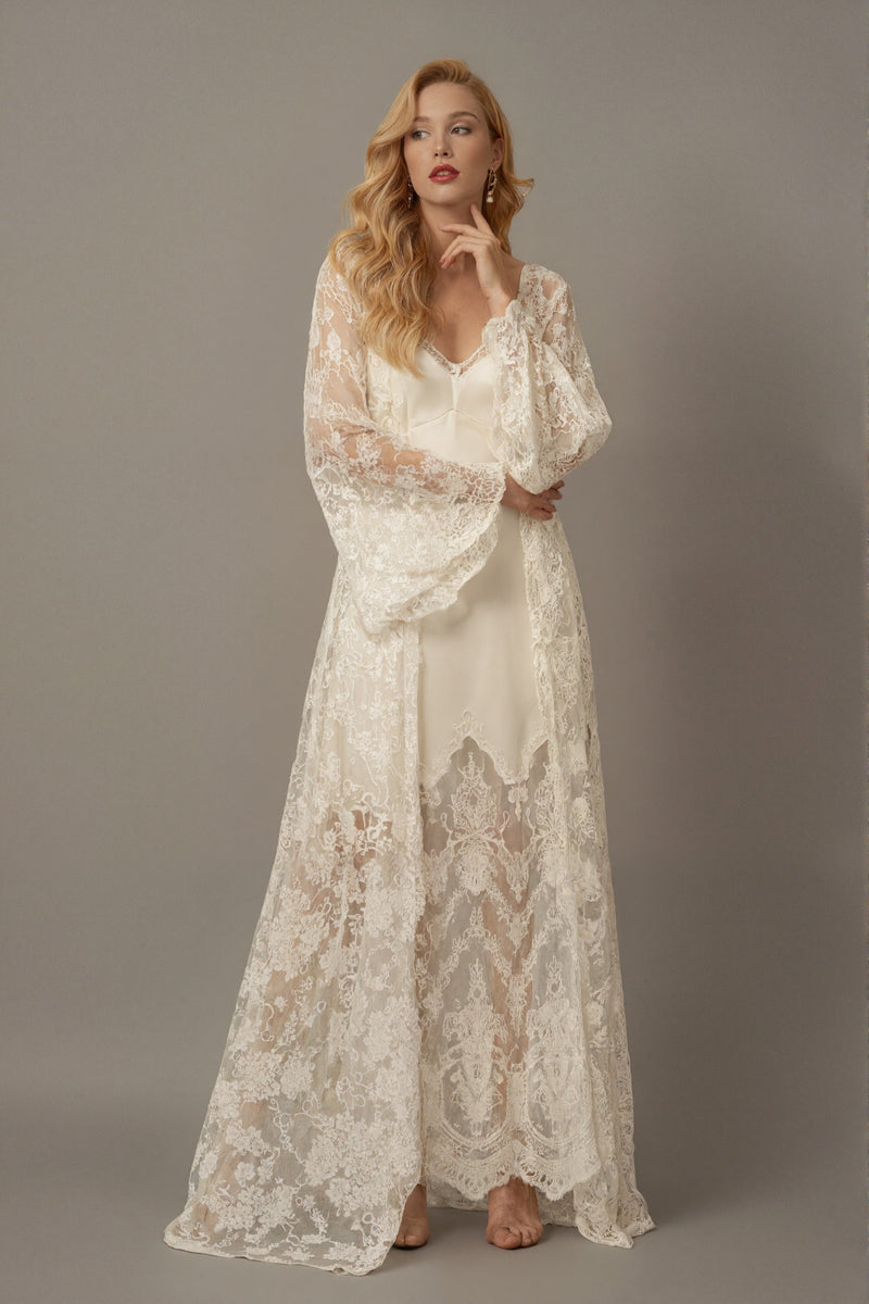 Chantilly Lace Long Robe with Silky Satin Lace Nightgown - next day shipping