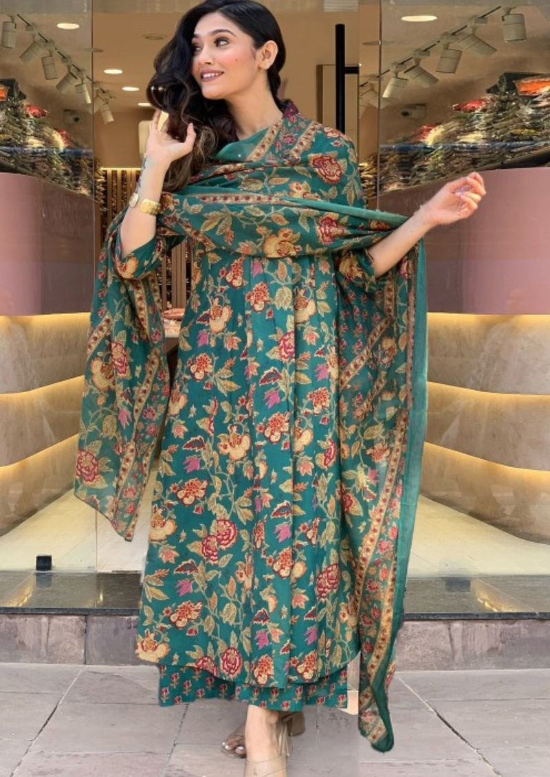 Anarkali Salwar Suit with Long Flared Kurta Pant and Dupatta