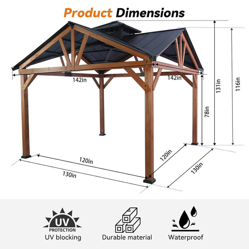 [12X12FT] Alora Premium Outdoor Cedar Wood Hardtop Gazebo With Galvanized Steel Roof (SAK31864)