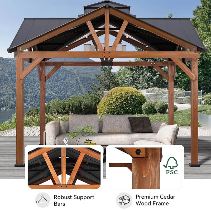 [12X12FT] Alora Premium Outdoor Cedar Wood Hardtop Gazebo With Galvanized Steel Roof (SAK31864)