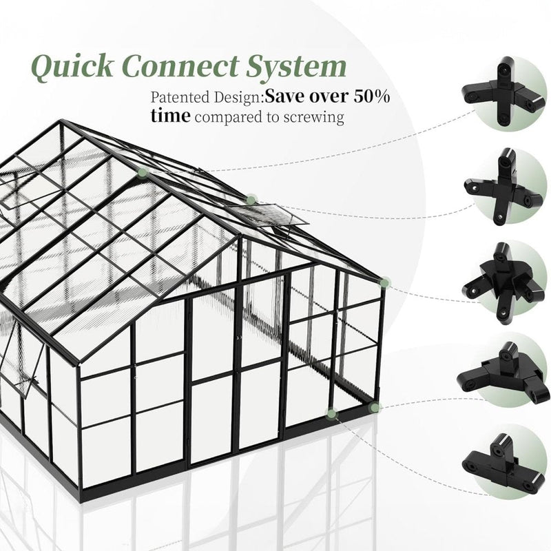 [12X13.5FT] Premium Extra Large Outdoor Aluminum Poylcarbonate Greenhouse With Quick Connect Fitting (SAK63725)