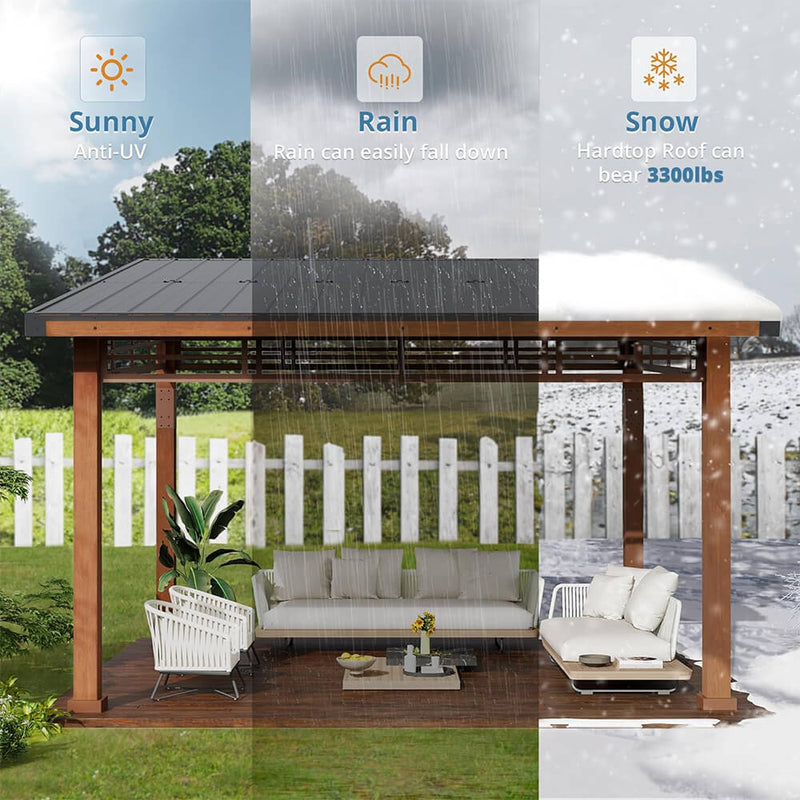 [12X14] Alora Heavy-Duty Outdoor Hardtop Wood Frame Gazebo Canopy With Metal Roof & Curtains (SAK43625)