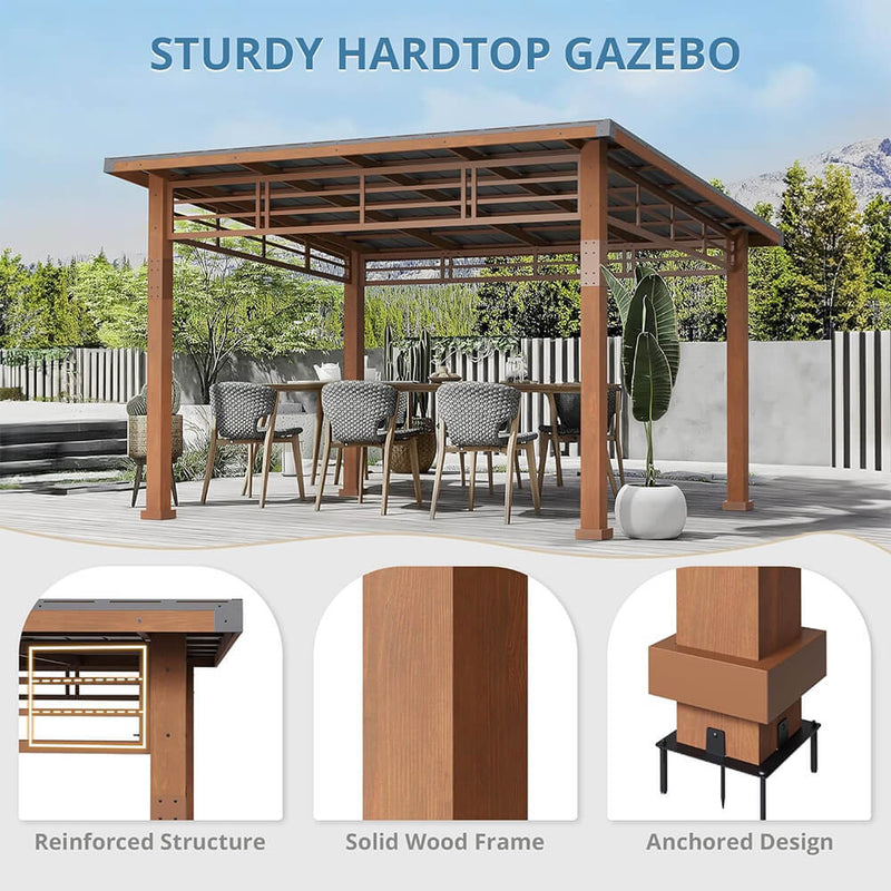 [12X14] Alora Heavy-Duty Outdoor Hardtop Wood Frame Gazebo Canopy With Metal Roof & Curtains (SAK43625)