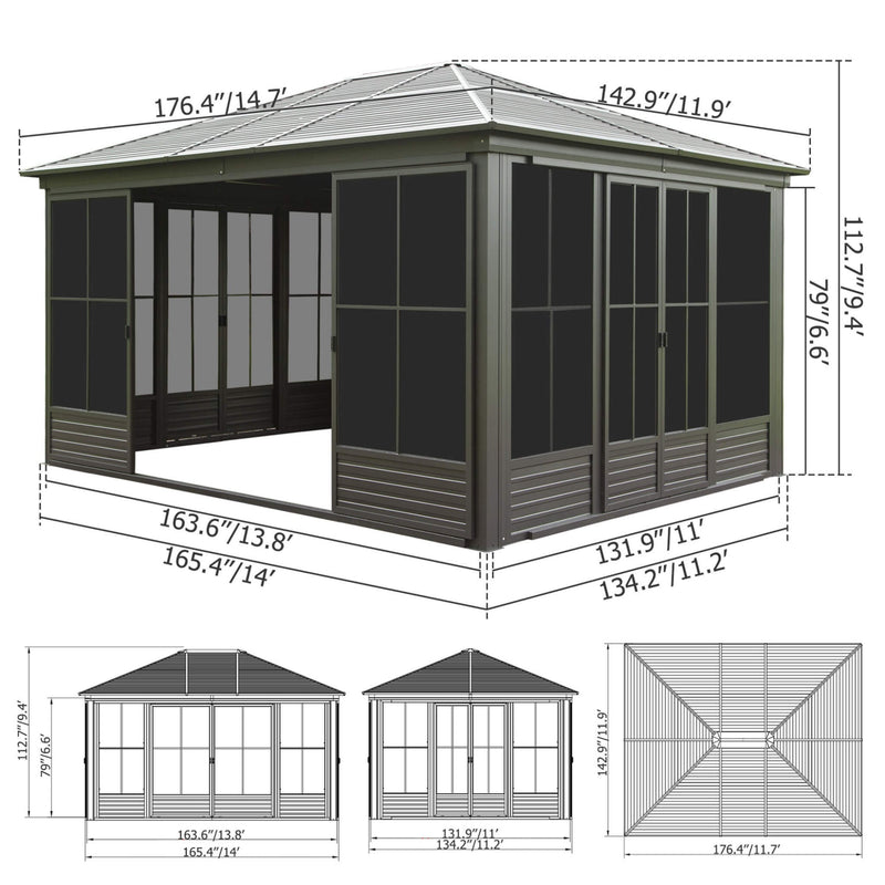 [12X14FT] Alora Serenity Premium All-Weather Outdoor Aluminum Sunroom With Galvanized Steel Hardtop Sloping Roof, Lockable Doors, And Moveable PC Screens (SAK76831)