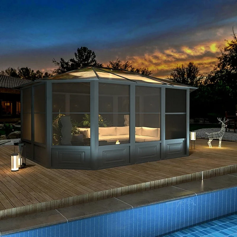 [12x15FT] Alora Extra Large Premium Outdoor All-Season Polycarbonate Hardtop Solarium Sunroom With Sliding Doors (SAK69584)