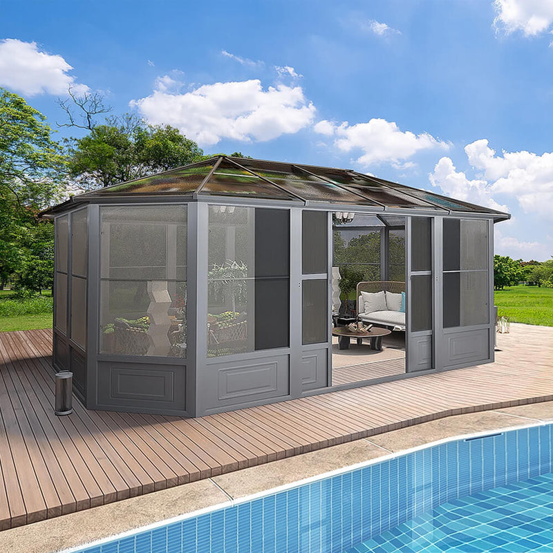 [12x18FT] Alora Large Luxury Outdoor All-Season Aluminum Solarium Sunroom With Polycarbonate Hardtop And Sliding Doors (SAK35948)