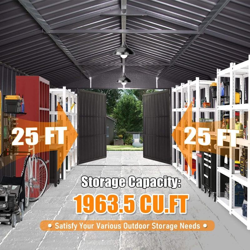 [12X25FT] Alora Extra Large Heavy-Duty Outdoor Metal Carport Garage Shed With Lockable Double Hinged Doors (SAK34153)