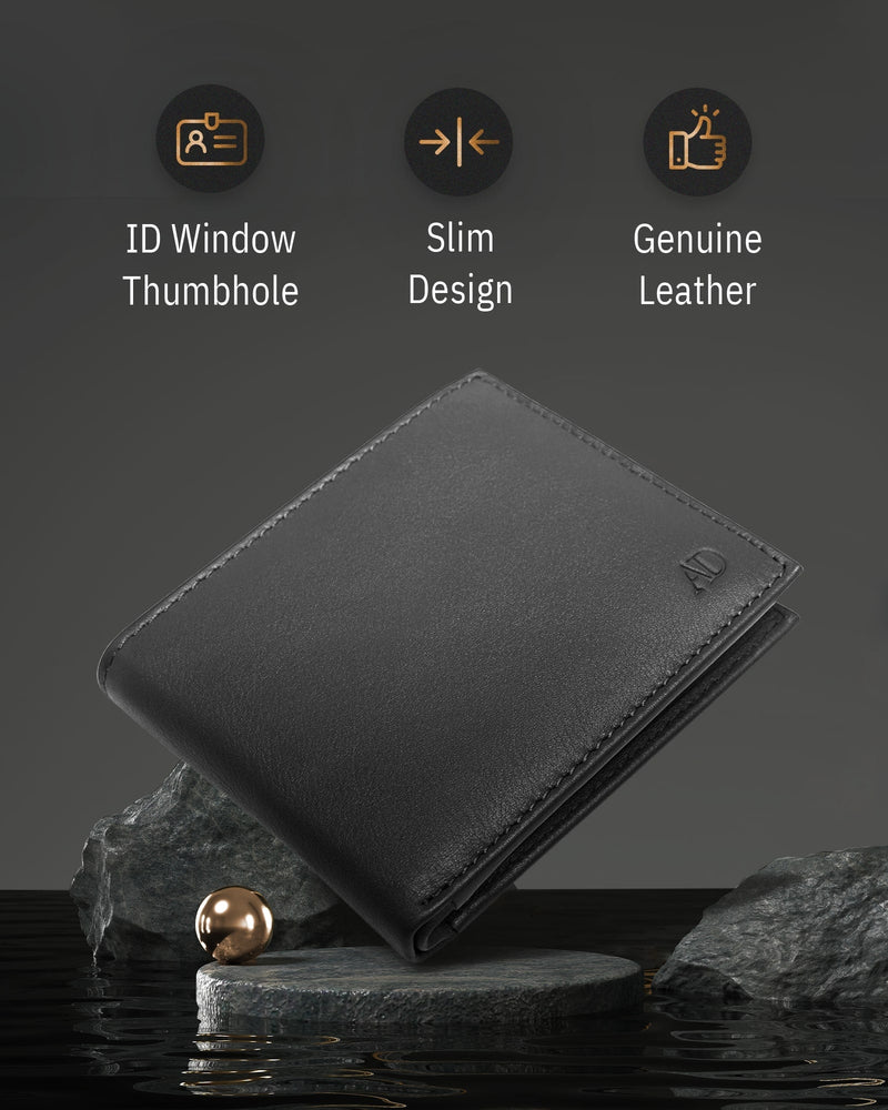 Genuine Leather Bifold Wallet – Flip-Up ID Window, RFID Blocking