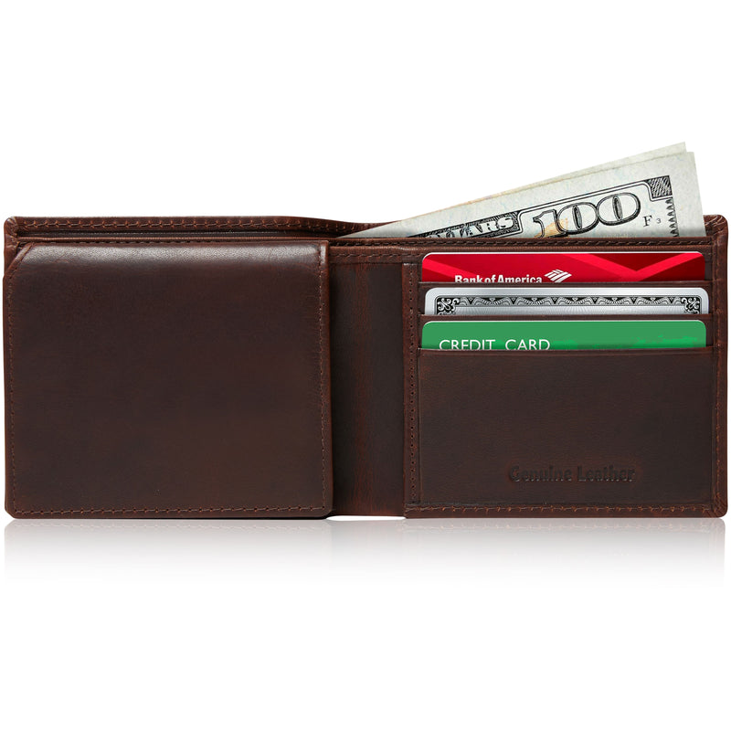 Genuine Leather Bifold Wallet – Flip-Up ID Window, RFID Blocking