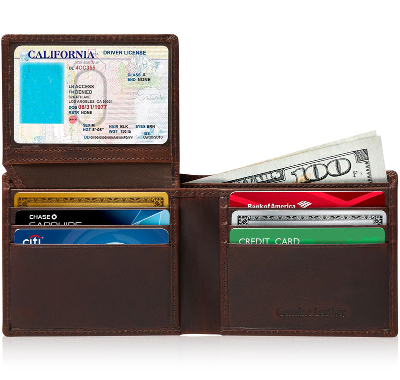 Genuine Leather Bifold Wallet – Flip-Up ID Window, RFID Blocking