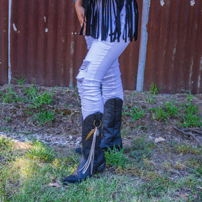 Boho Western Boot Bling Charm with Leather Fringe 500b