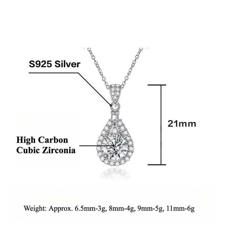 S925 High Carbon CZ Teardrop Halo Pendant Necklace with Pavé Top Frame, 6-11mm Cubic Zirconia, Sterling Silver Pear Shape Pendant for Her