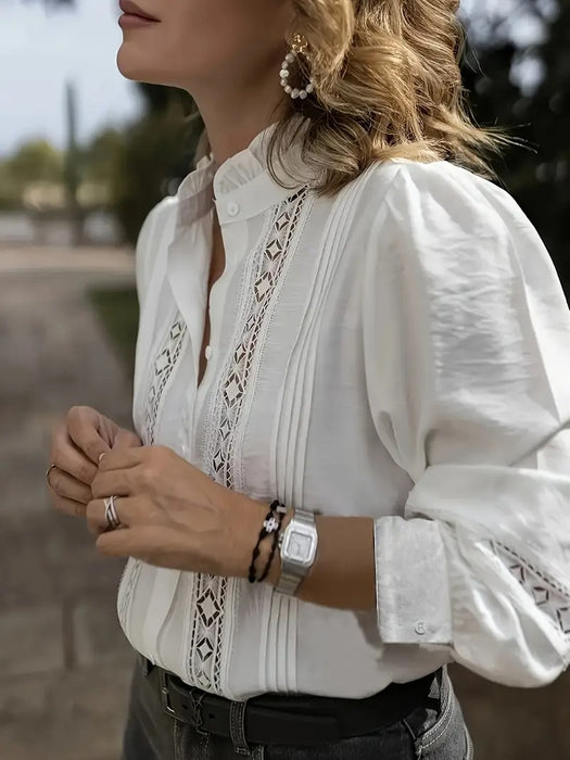 Elegant White V-Neck Blouse With Lace Details