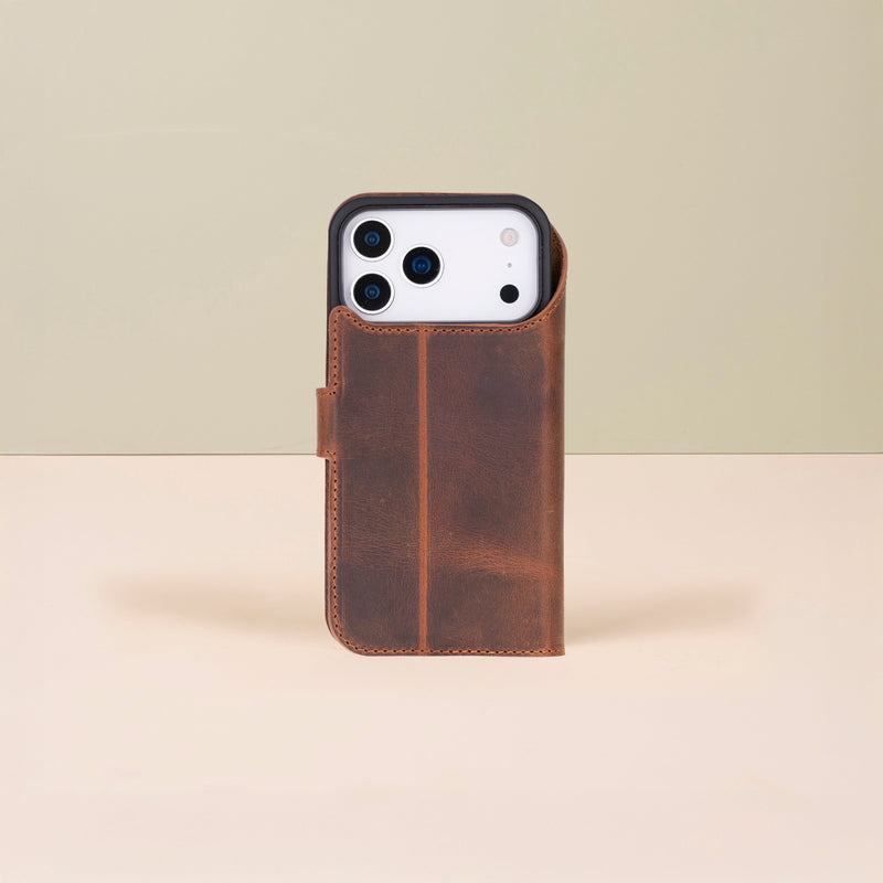 Leather iPhone 17 Pro Wallet Case – Brown - Austin