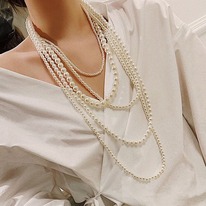 Women Five Multi-Strand Simulated Pearl Statement Necklace