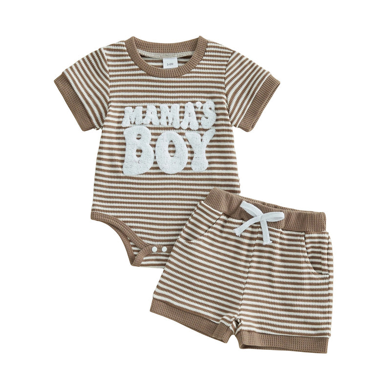Baby Boy Striped Embroidered MAMA Romper And Shorts Two-Piece Set