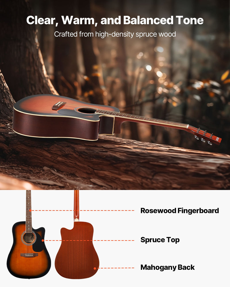 41 In Cutway Acoustic Guitar, 6-String, Sunburst Solid Spruce Top Guitar, Beginner Bundle With Gig Bag, Tuner, Strap, Steel Strings, Picks, Capo, Rosewood Fingerboard, For Fingerstyle Solo Jazz