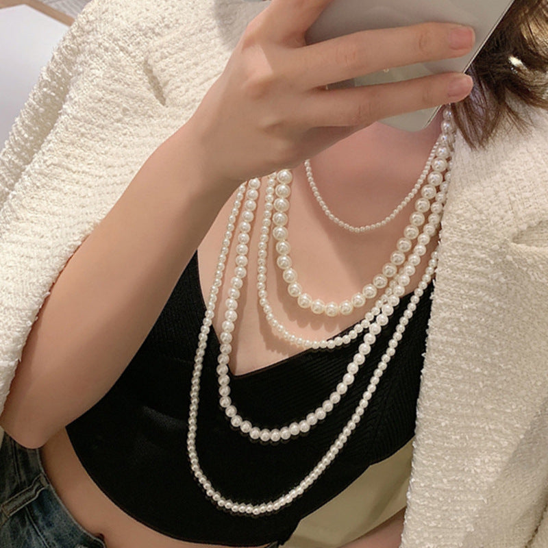Women Five Multi-Strand Simulated Pearl Statement Necklace