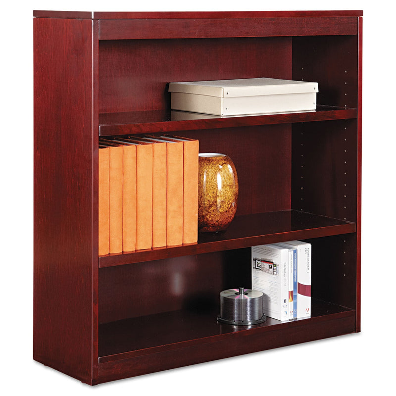 Alera Square Corner Wood Veneer Bookcase, Three-Shelf, 35.63w x 11.81d x 35.91h, Mahogany