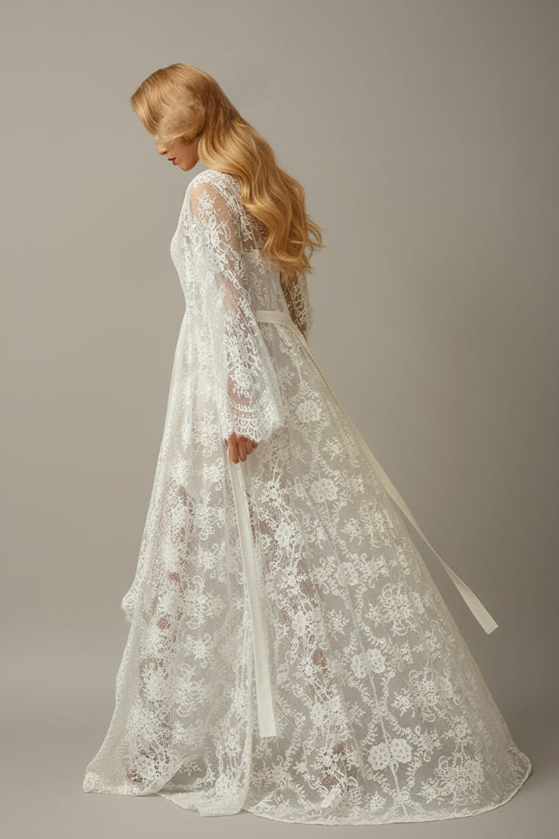 Chantilly Lace Long Robe with Silky Satin Lace Nightgown - next day shipping