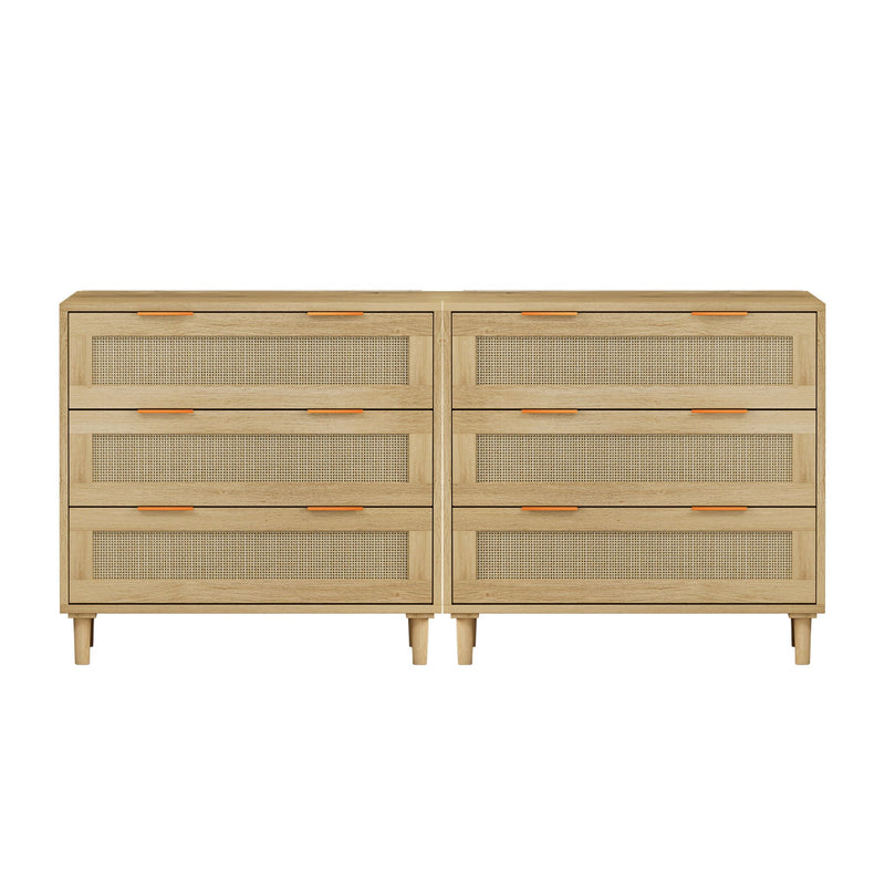 3 Drawers Rattan Storage Cabinet Rattan Drawer, For Bedroom, Living Room, Dining Room, Hallways (Set of 2) - Oak