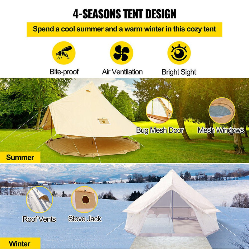 13FT Outdoor Glamping Yurt Teepee Canvas Camping Bell Family Waterproof Tent W/ Stove Jack (SAK92361)