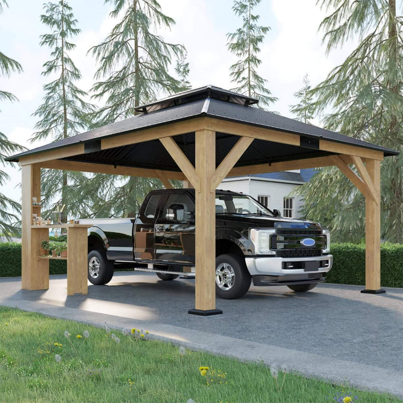 [13X15FT] Alora Premium Outdoor All-Season Wooden Cedar Hardtop Gazebo Carport With Double Iron Roof (SAK35187)