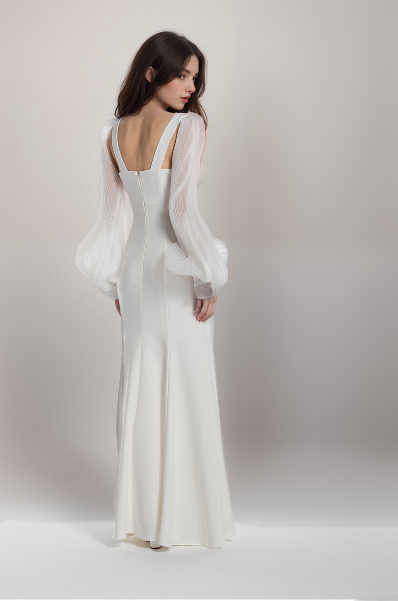 Ethereal Sculpted Bust Mermaid Gown with Sheer Balloon Sleeves