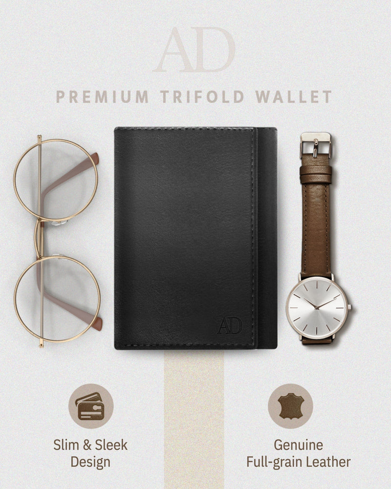 Genuine Leather Trifold Wallet – ID Window, 7 Card Slots, RFID Blocking