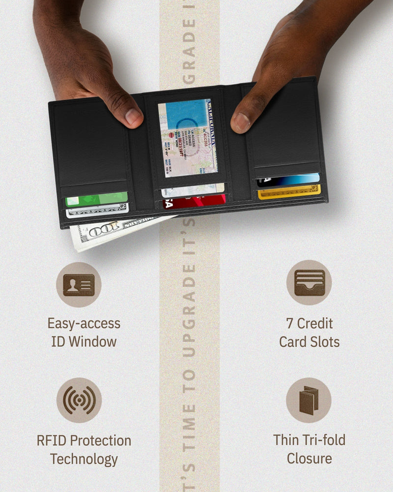Genuine Leather Trifold Wallet – ID Window, 7 Card Slots, RFID Blocking