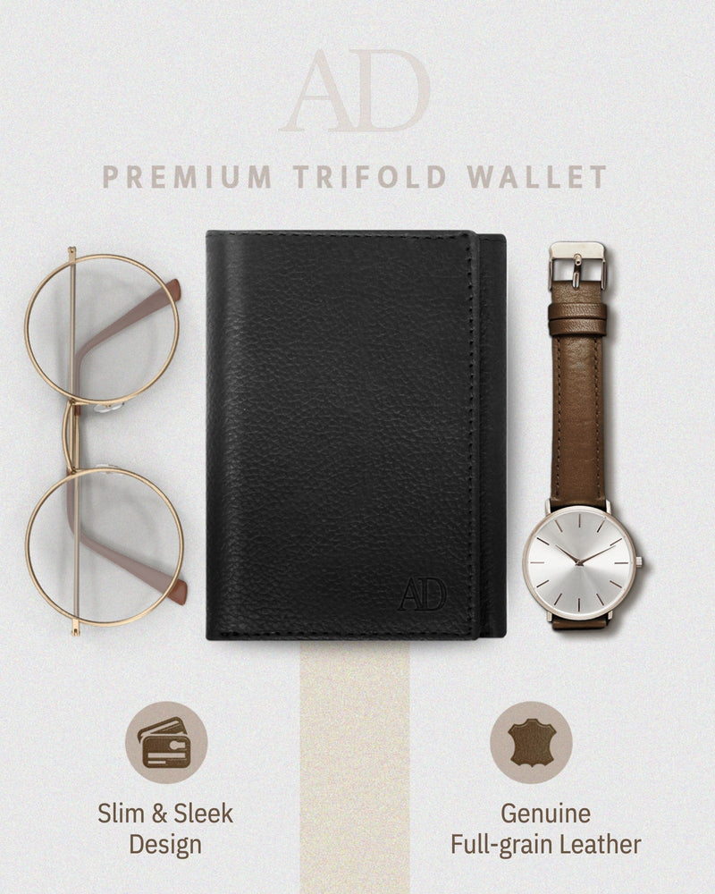 Genuine Leather Trifold Wallet – ID Window, 7 Card Slots, RFID Blocking