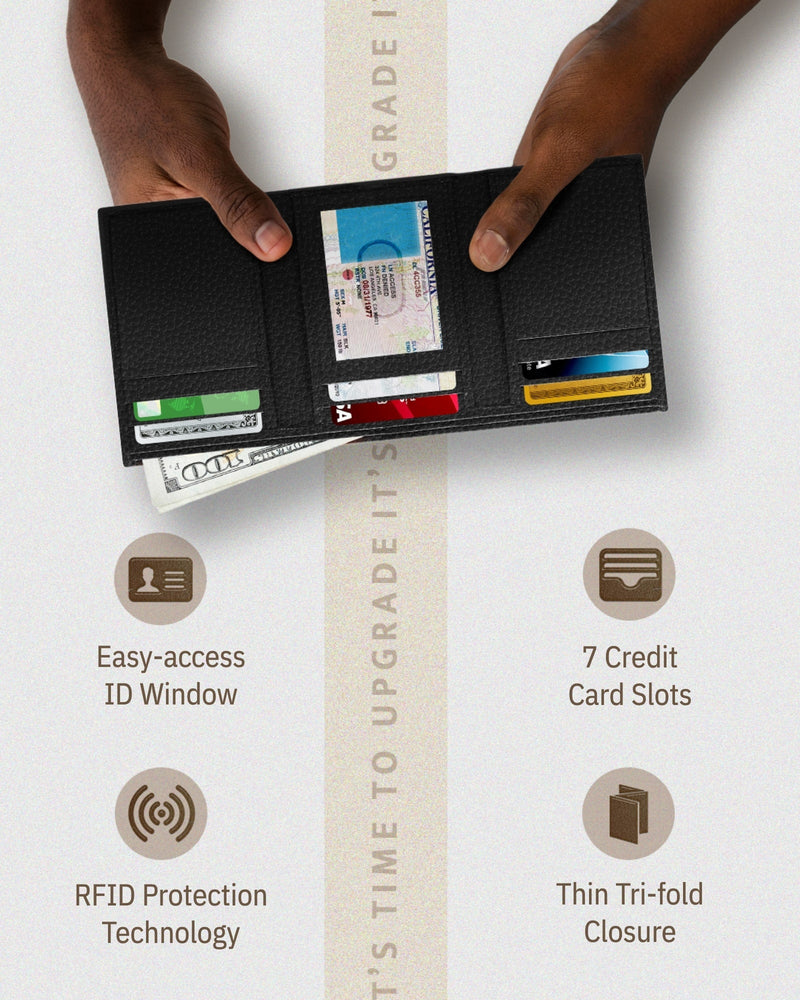 Genuine Leather Trifold Wallet – ID Window, 7 Card Slots, RFID Blocking