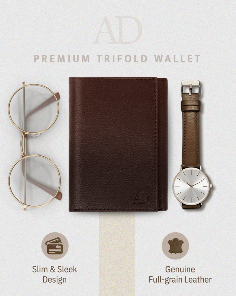 Genuine Leather Trifold Wallet – ID Window, 7 Card Slots, RFID Blocking