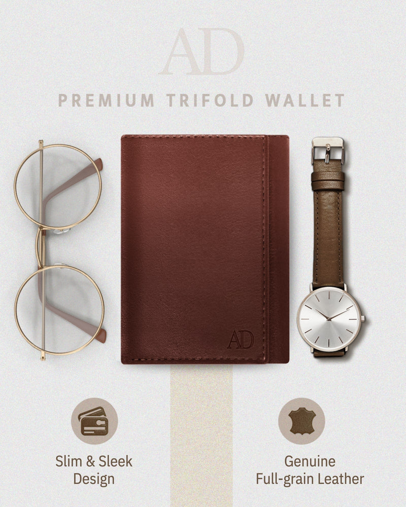 Genuine Leather Trifold Wallet – ID Window, 7 Card Slots, RFID Blocking